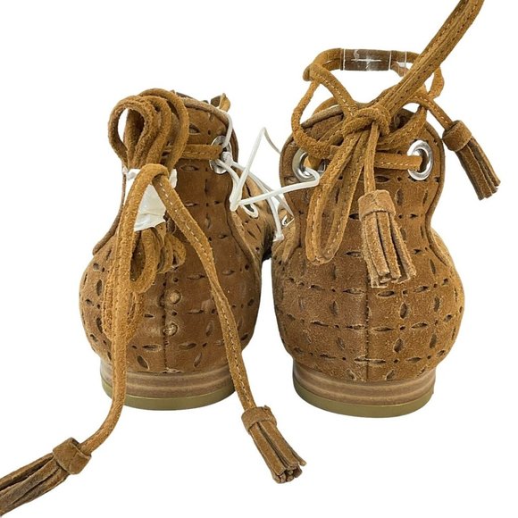 Halogen Shoes Womens Sz 7.5 Nella Ghillie Camel Suede Ankle Wrap Flats Nwob - Picture 4 of 8